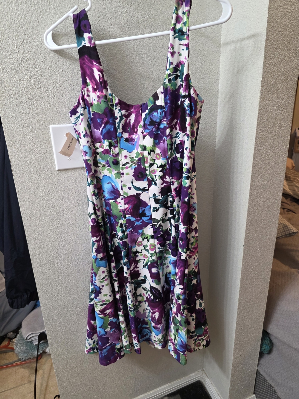 dressbarn Purple, Blue and Green Floral Scoop Neck Dress